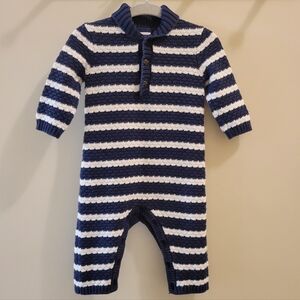 Janie & Jack Navy & White Striped Collared One Piece Sweater Romper